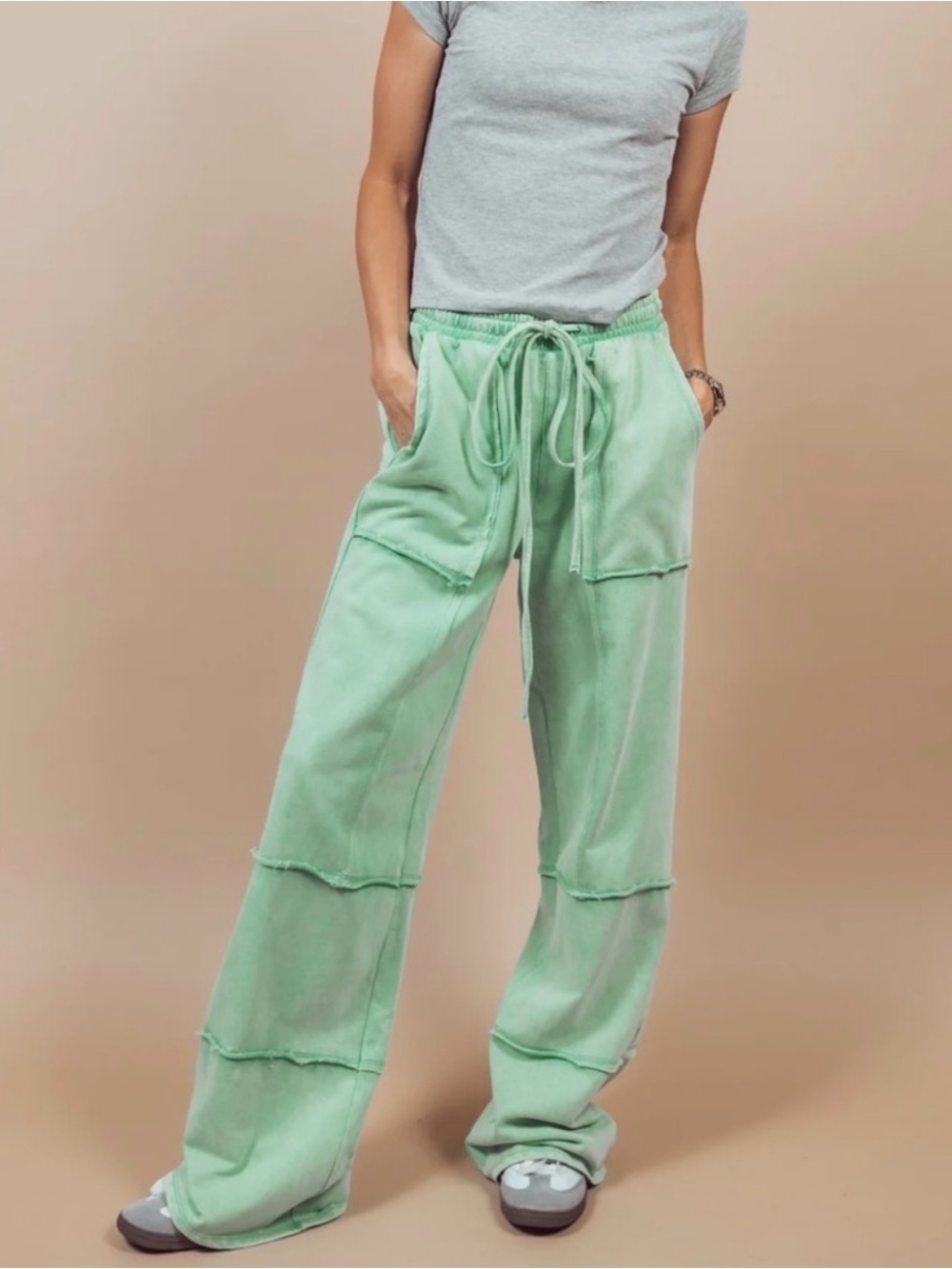 Mint Green Wide-Leg Tieres Drawstring Joggers